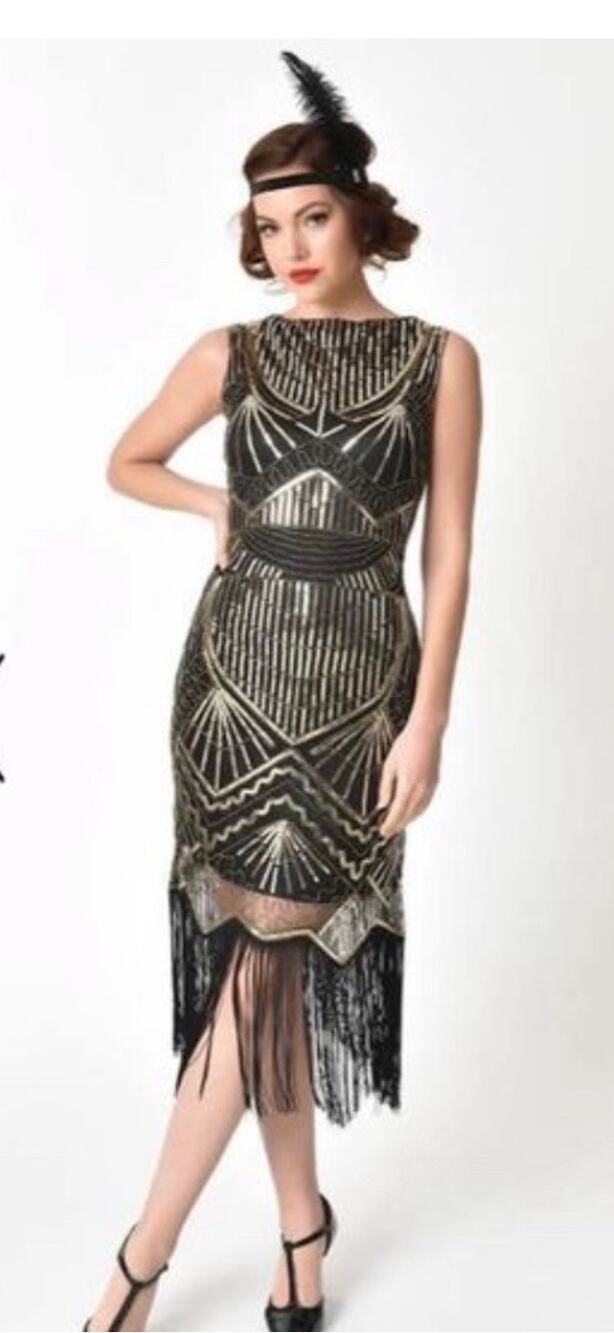 Unique Vintage Black Gold Therese Cocktail Flapper Dress S NWOT
